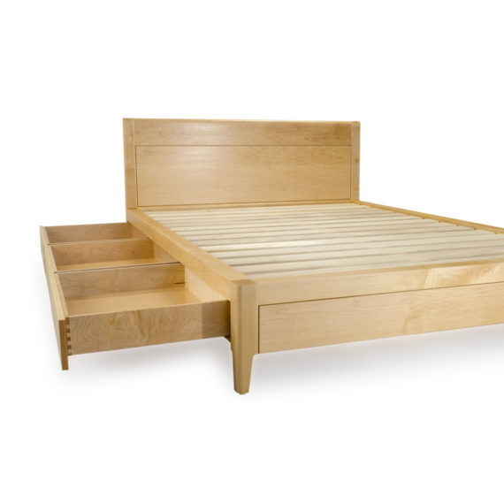 maple storage bed with dovetail drawers open