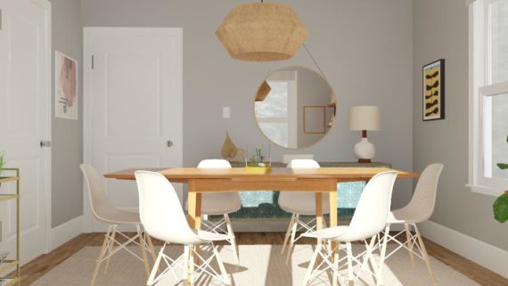 draw leaf table rendered in room with mid century modern contemporary decor