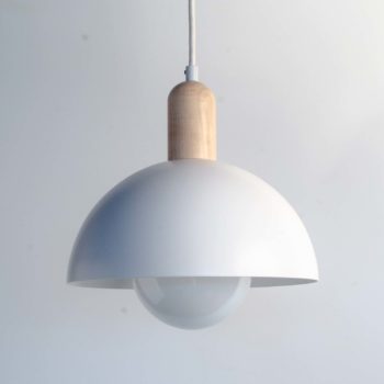 10 inch hemisphere pendent light, shown with white shade, maple top, and white cord